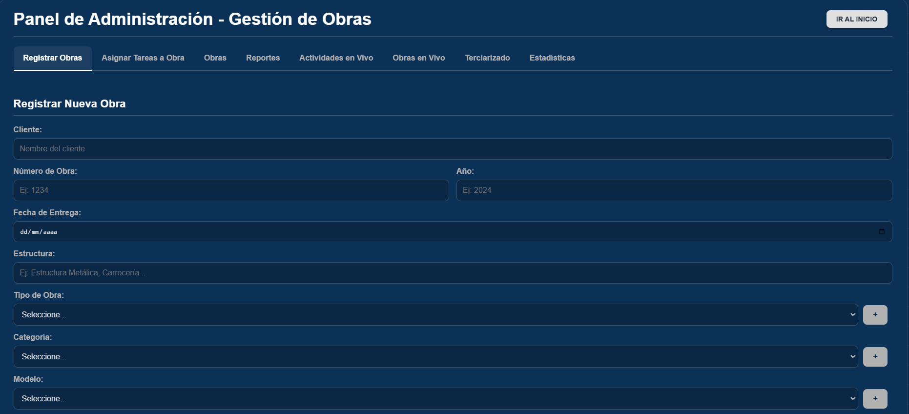 Formulario de registro de nuevas obras